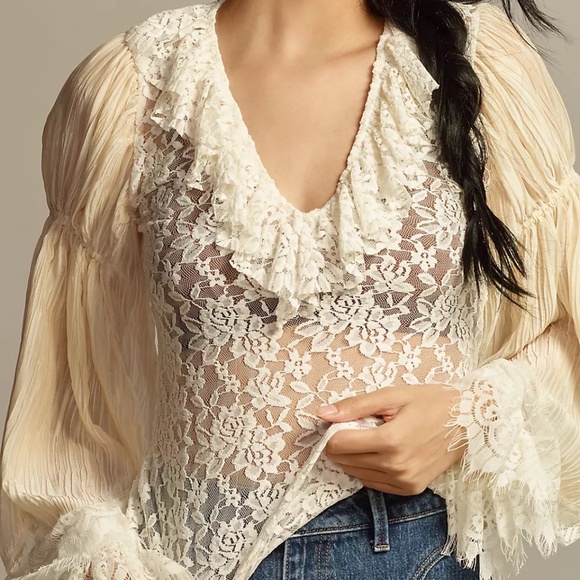 Anthropologie Anthropologie Wide-Sleeve Sheer Lace Boho Long Sleeve Top - Picture 2 of 4